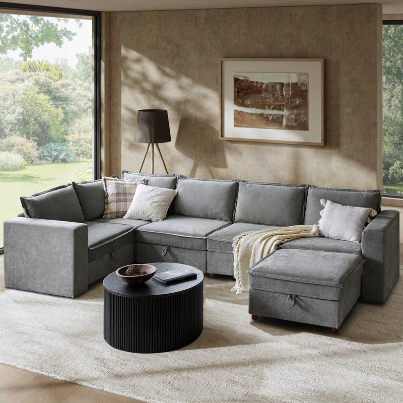 Housse pour canapé modulaire avec rangement en chenille moderne de 136 po 6 pièces Bessette, Polyester gris / chenille