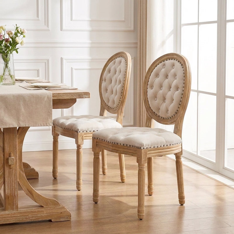 Ensemble de 2 chaises de salle à manger style français - structure en bois antique, velours, dossier haut, garniture cloutée