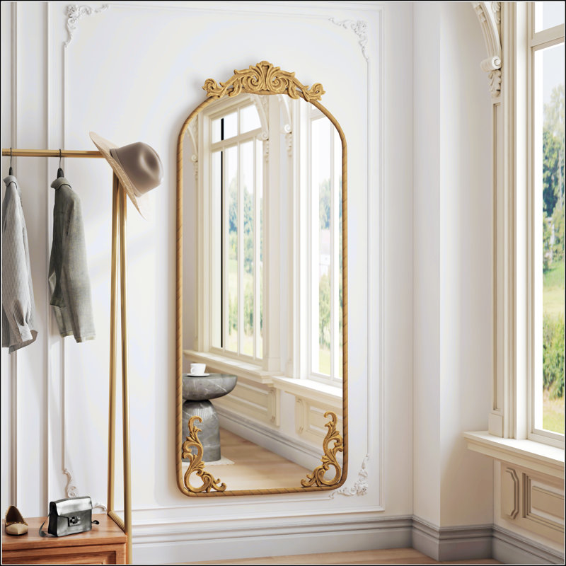 Miroir arqué à corps entier avec applique sculptée rétro, fixé au mur pour la décoration intérieure, Bronze