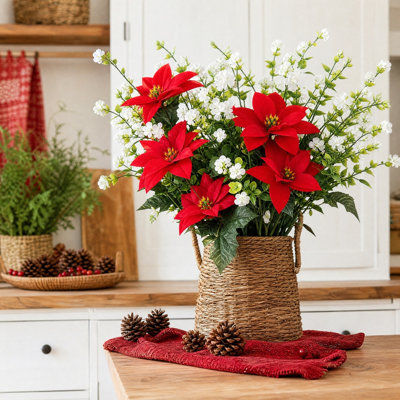 Artificial Poinsettia Bouquet Set, 14.2 Inch Faux Red Poinsettia Bushes(8Pcs) &13.7 Inch White Green Filler Flower Bushes(4Pcs), Fake Christmas Floral Picks for Vase Fillers Xmas Home Table Fireplace Decor, Vase Not Included