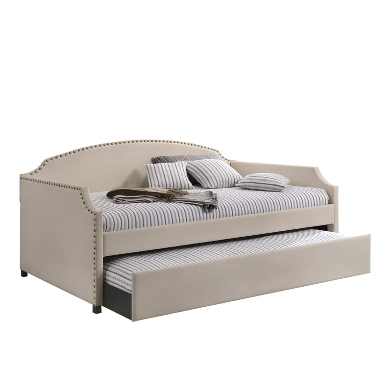 Lit de jour simple avec lit gigogne, Lin beige