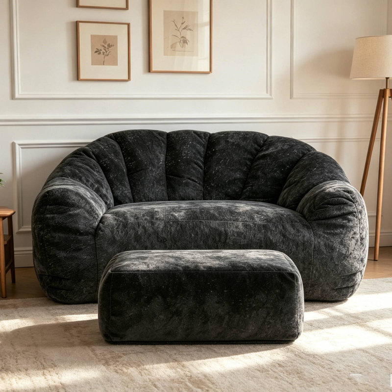 Oversized Loveseat Sofa For Adults,Stuffed Accent Bean Bag Perfect,Compressed Packing, Black