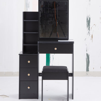 Table de coiffeuse noire compacte avec siège rembourré, très grand miroir coulissant, rangement multicouche pour les petits espaces de chambre - petit fauteuil d'armoire et rangement multicouche, noir