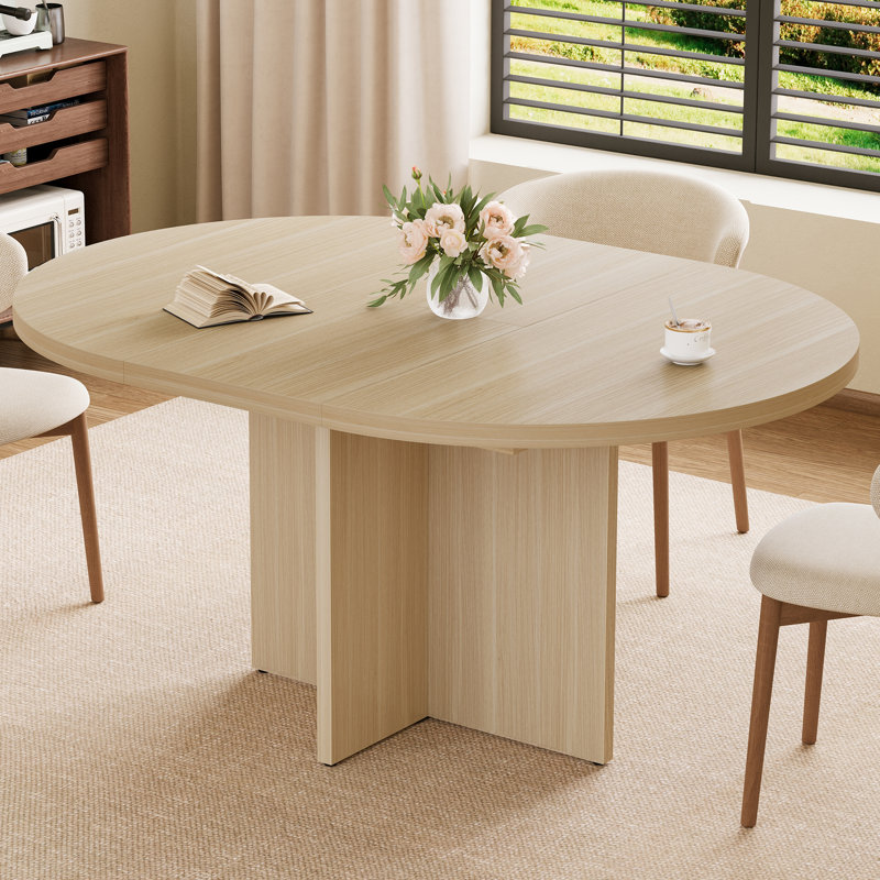 43.3''-59'' Extendable Dining Table for 4-8, Round to Oval Kitchen Table with Hidden Storage & Sturdy Cross Base, Modern Dinner Table for Dining Room Living Room, Removable Leaves, Natural Oak