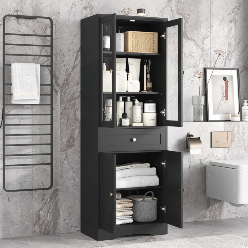 Armoire de salle de bain haute polyvalente avec plusieurs compartiments et fabrication durable