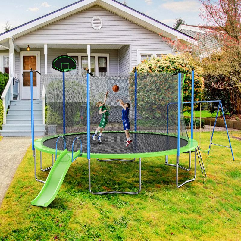 Trampoline with Slide and Swings with Basketball Hoop and Ladder with Net