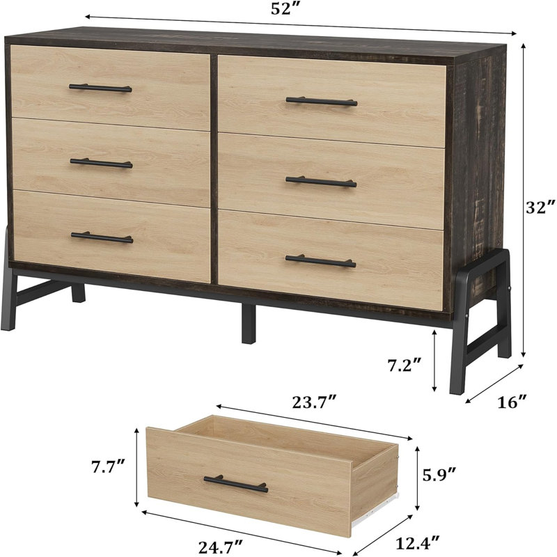 6-Drawer Dresser, Freestanding Wood Storage Chest for Bedroom, Living Room & Entryway, Black&Natural