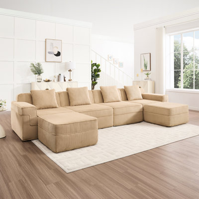4 places en velours côtelé sans os avec design en forme de U, canapé modulaire en nuage, coussins décoratifs et 2 repose-pieds amovibles, doux et confortable pour la sieste à dos de chameau - comme un canapé, siège profond, haute résilience