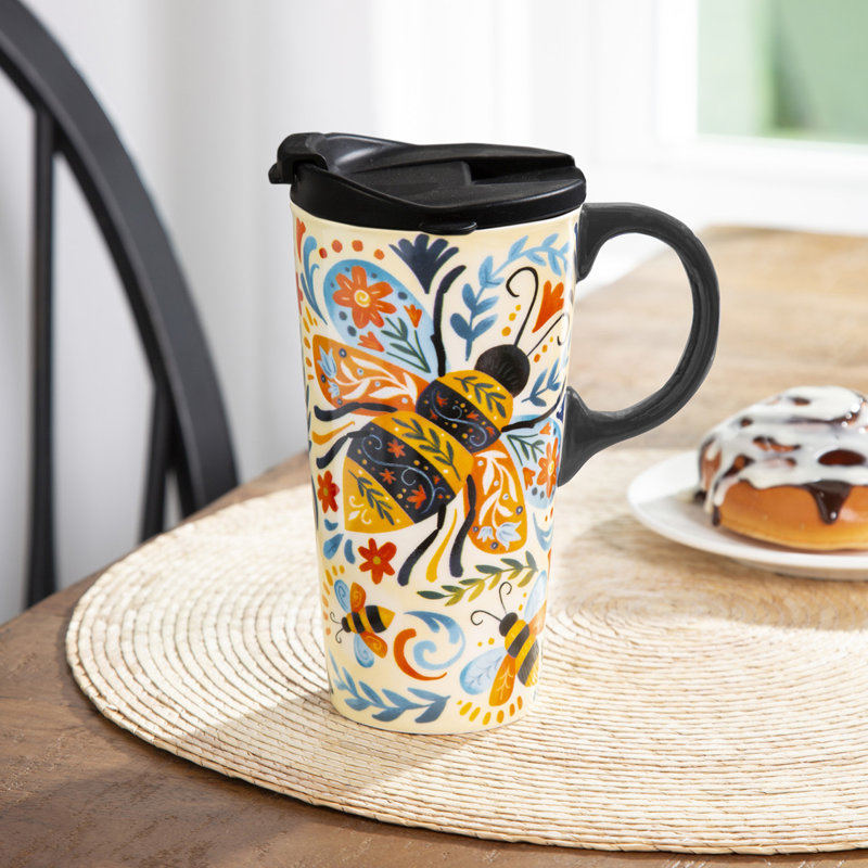 Tasse de voyage en céramique parfaite, 17 oz, avec boîte, abeille florale