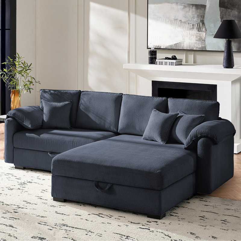 Brandee 104"W 2 - Piece Reversible Corduroy Sectional Sofa Chaise with Storage, Blue