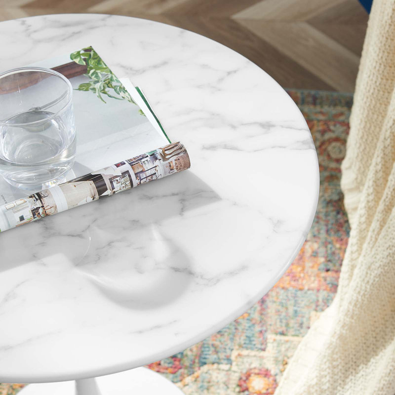 Table d'appoint ronde en marbre artificiel 20 po Lippa, Blanc, White