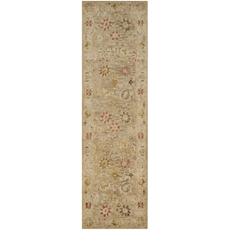Tapis oriental taupe en laine touffeté à la main Armintha, Tapis de couloir 2 pi 3 po x 12 pi