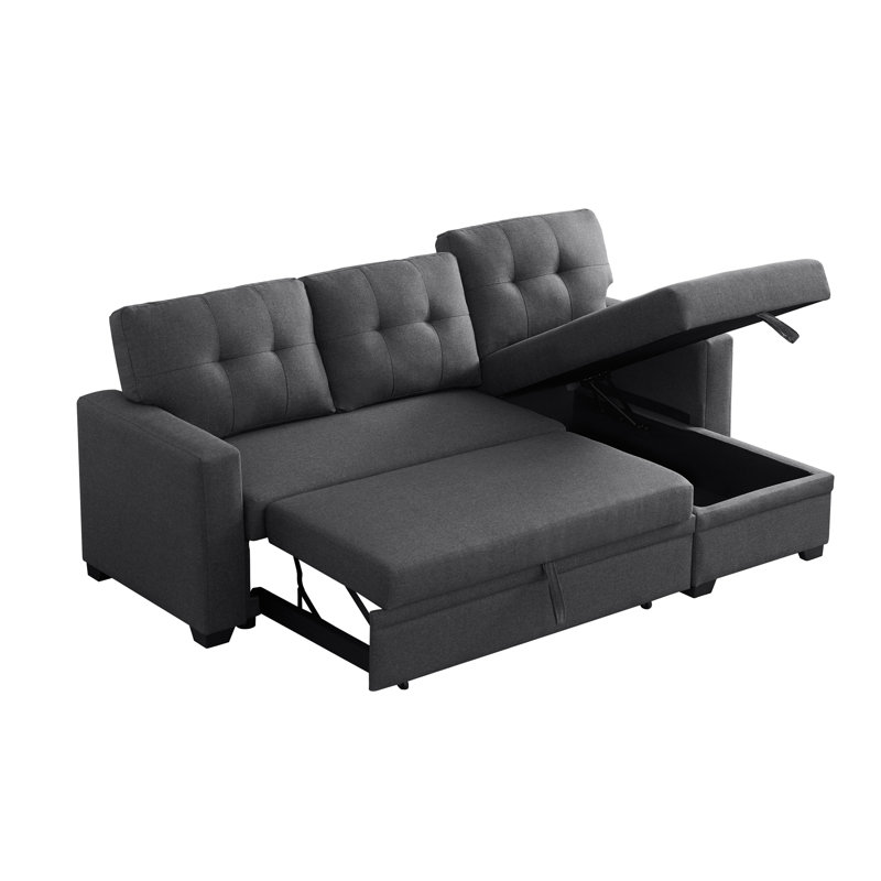 Canapé modulaire convertible rembourré avec méridienne coulissante, Lin gris foncé, Orienté à droite