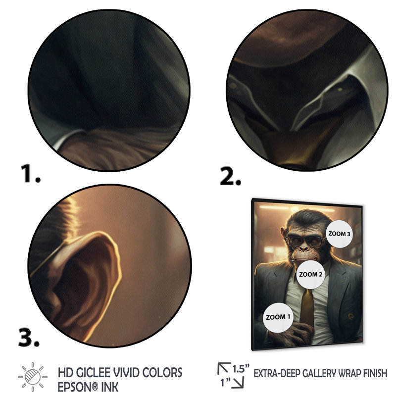 «Mafia Monkey», impression sur toile, Impression noire sur toile encadrée, H 20 po x l 12 po x P 1 po