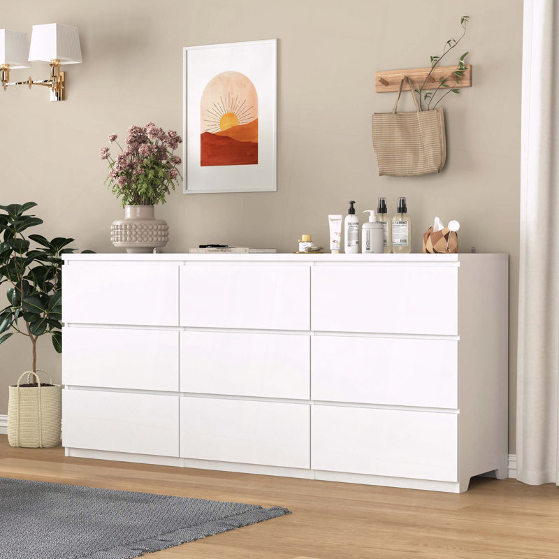 Commode de rangement en bois sans poignée 9 tiroirs, Blanc