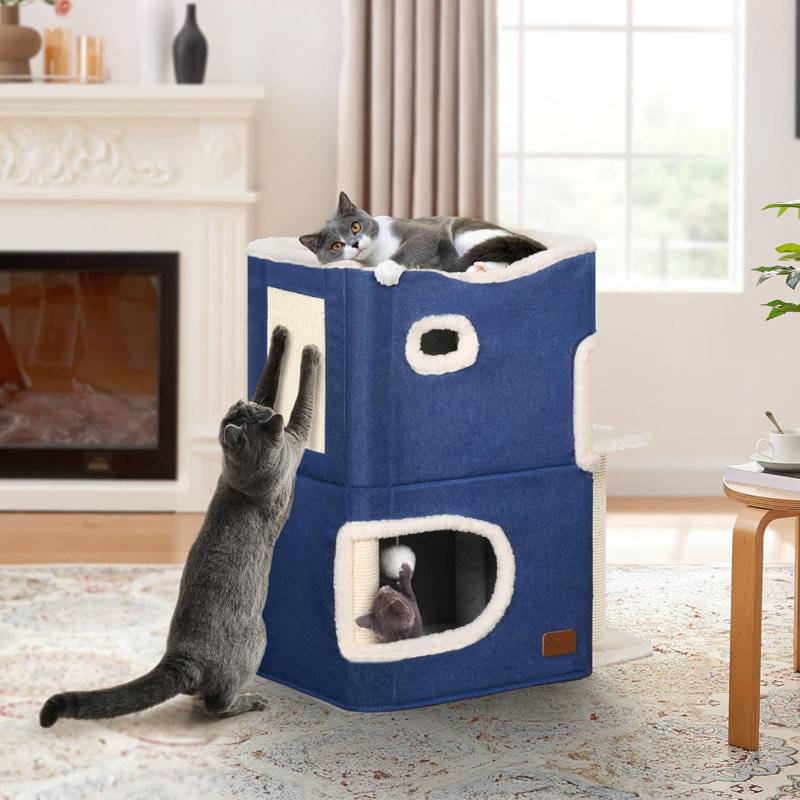 Maison pour chat à 2 niveaux, maisonnette pour chat avec grotte, tunnels pour chat avec patin à griffes et cube caché, joli mobilier de chat moderne pour plusieurs petits chats, allongé (bleu)