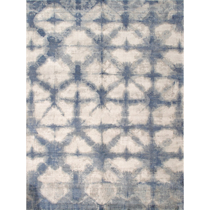 Tapis beige / bleu en coton tissé à la main Shibori, Rectangle 12 pi x 15 pi