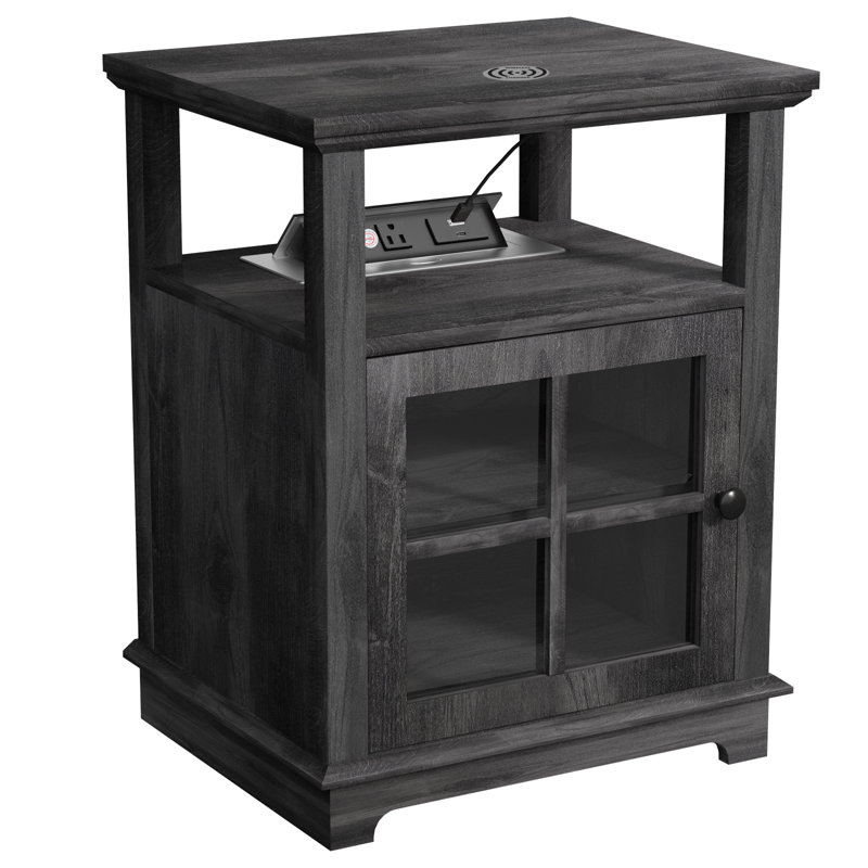 Cherelyn 24" Tall End Table with Storage and Built-In Outlets for Living Room, Nightstand for Bedroom, Office, Black, Black
