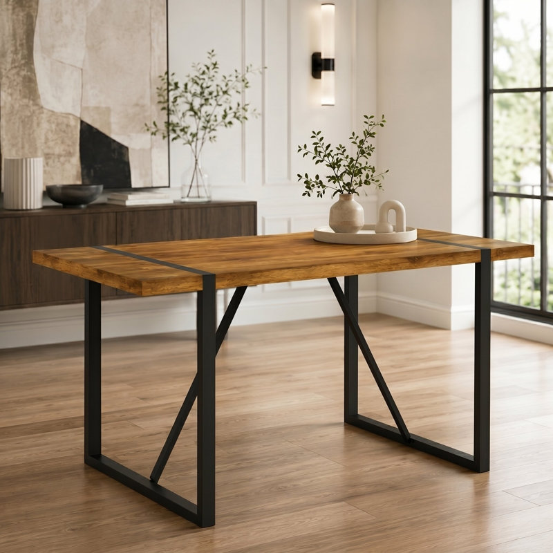 Table de salle à manger rectangulaire de 55 po Vesta, plateau de table en grain de bois industriel avec base traîneau en métal robuste pour la cuisine et la salle à manger