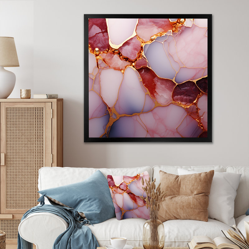 Gold And Pink Marble Essence II - Marble Wall Decor, Black Single Picture Framed, 30" H x 30" W x 1.5" D