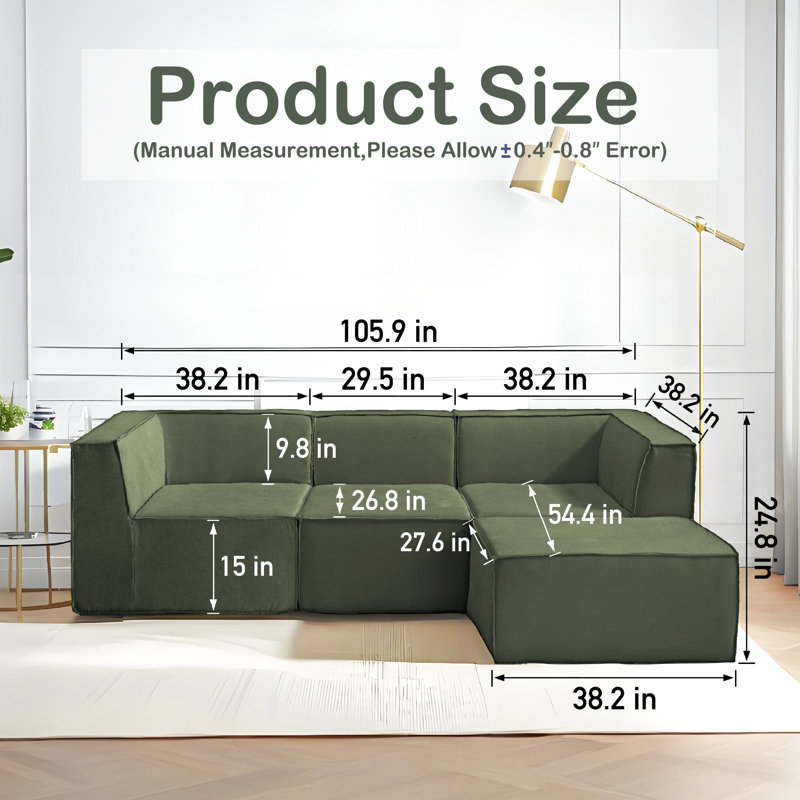 Canapé modulaire contemporain 106 po 106 pièces - 4 pièces canapé surdimensionné en chenille vert olive avec repose-pieds, 4