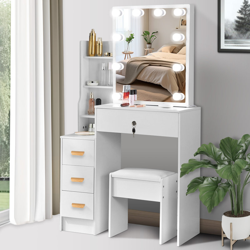Makeup Vanity with Lighted Sliding Mirror, White Modern Vanity Dressing Table with 4 Drawers & Cushion Stool Set for Girls Bedroom