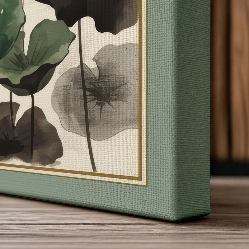 Lotus and Leaves Japandi - Wrapped Canvas, 24x16 - 61.0 x 40.6 cm, Sage Border