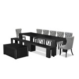 10 Pieces Extendable Dining Set Includes a Xtenczar Kitchen Table, 1 Coffee Table, 7 Polyester Dining Chairs and 1 Modern Bench - (Finish Option)