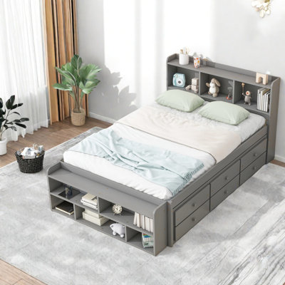 Lit double moderne en bois gris, tiroirs de rangement, tête de lit bibliothèque