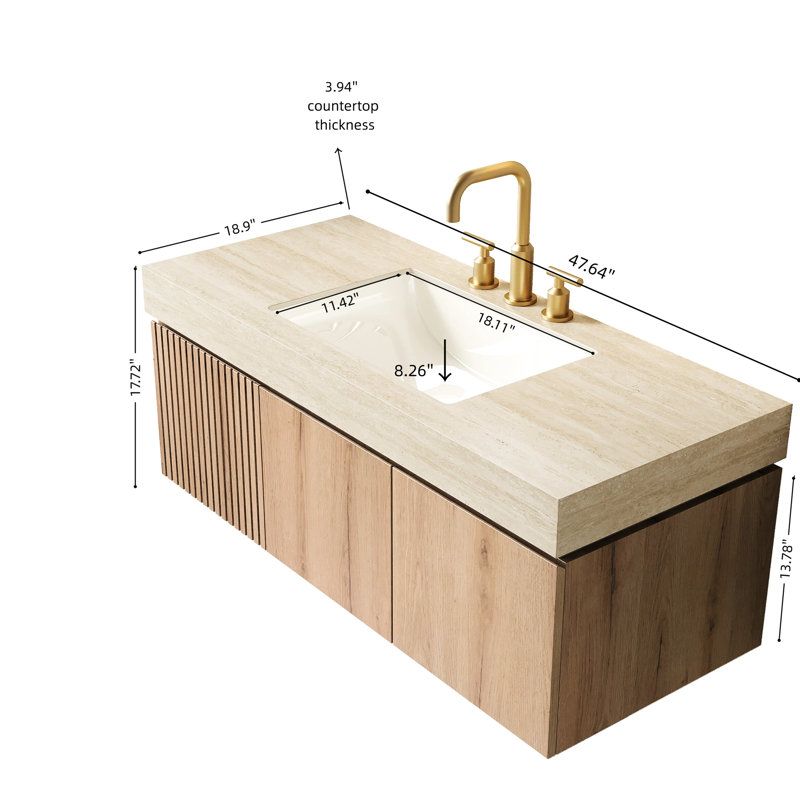 Meuble-lavabo 48 po avec comptoir en pierre frittée, lavabo en céramique, 3 trous de robinet pré-percés, quincaillerie à fermeture en douceur, plateau en chêne blanc, tiroir, portes, eau, tiroirs, résistance