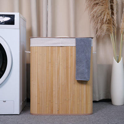 Panier à linge pliant en bambou avec couvercle, panier à linge en bois 27,5 gallons avec sac à linge lavable, panier à linge mince pour petits appartements, dortoirs, naturel
