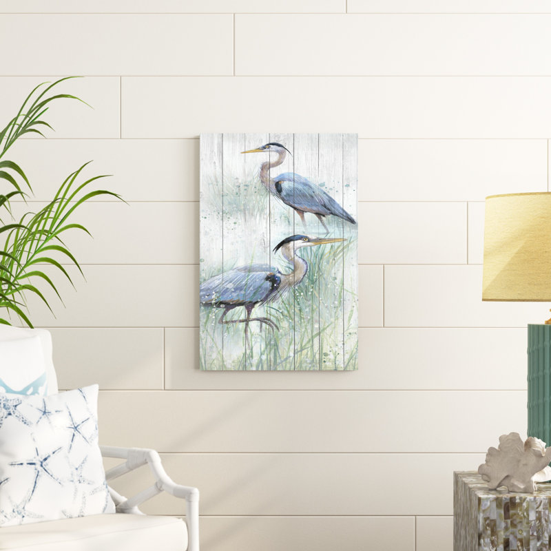 «Seaside Heron pair I» par Studio W - peinture sur toile tendue, H 30 po x l 20 po, Noyer avec cadre simple, Oui
