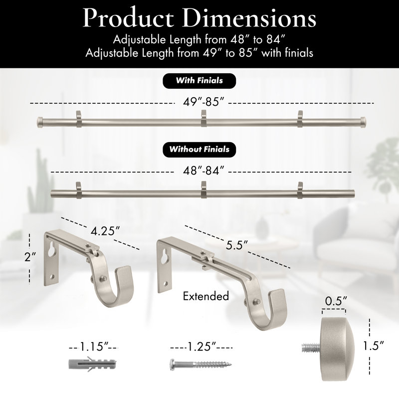 Tringle à rideaux simple réglable 1 po, Étain, 48" - 84"
