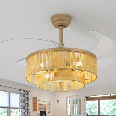 Ventilateur de plafond 36 po à pales rétractables avec ensemble d'éclairage, télécommande et abat-jour en rotin 36 po