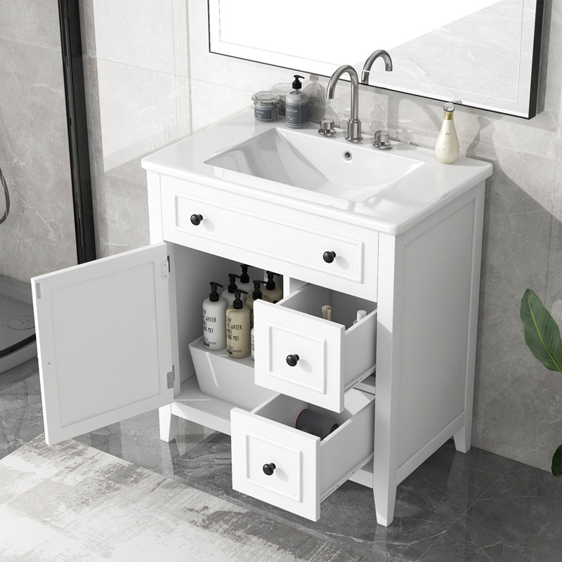 Meuble-lavabo 30 po avec comptoir d'évier, meuble-lavabo avec porte et deux tiroirs Lalitta, structure en bois massif, Blanc