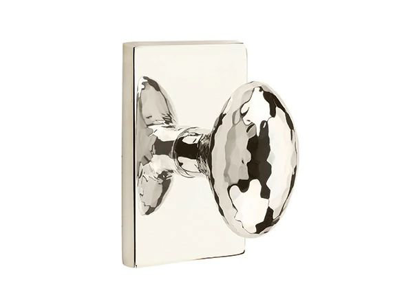 Emtek Passage Interior Mortise Set w/ Modern Rectangular Rosette & Hammered Egg Knob (RH), Polished Nickel
