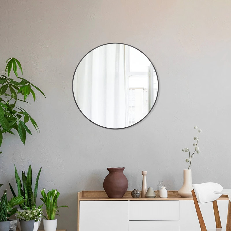 Modern Round Framed Wall Mounted Mirror, 16" x 16", Black