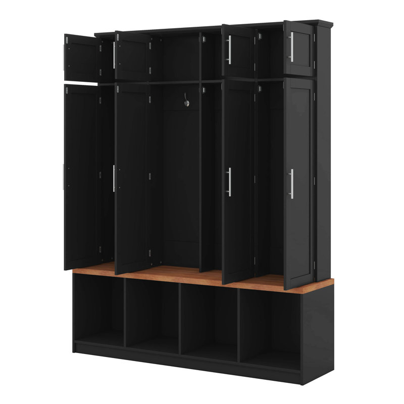 Hall Tree With 4 Hidden Hanging Hooks, Versatile Walnut Seating Bench With 8 Doors, Entryway Shoe Cabinet With Open Compartments