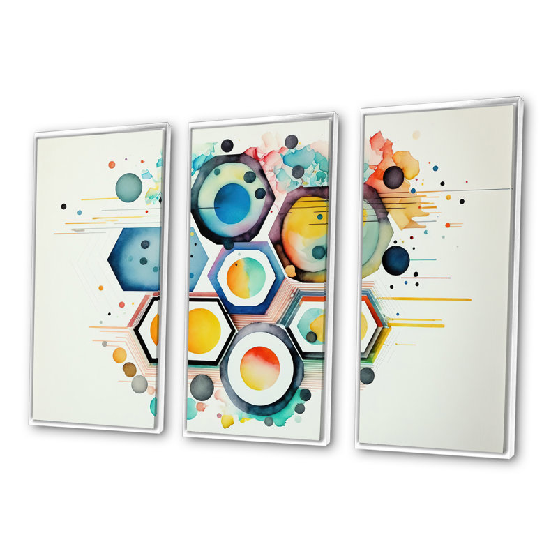 «Diamanto Hexagon and Circular Abstract III», reproduction de 3 pièces, H 28 po x l 36 po x P 1 po, Cadre blanc