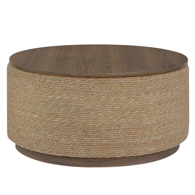 Table basse ronde avec rangement, ruppie maritime naturelle tissée à la main avec plateau relevable en bois