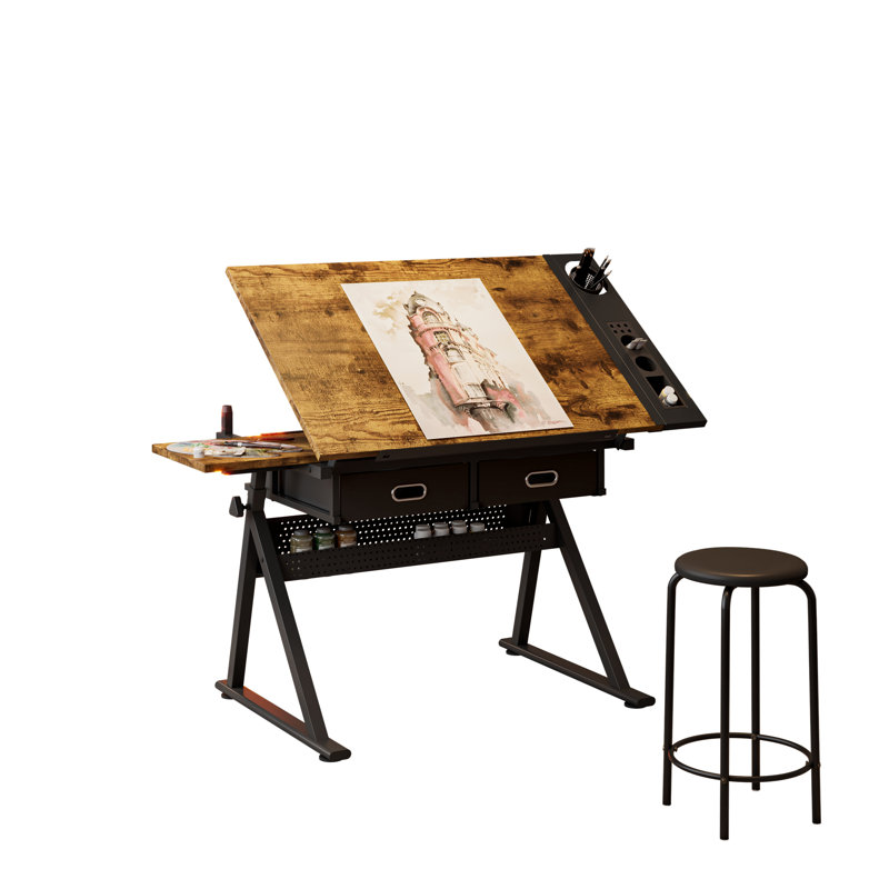 Height Adjustable Drafting Table With Stool, Art Desk Drawing Table With 0-75° Tilting Tabletop, Artist Table Diamond Painting Table Craft Work Station With Storage Drawers For Artists Painters Illustrators Cartoonists