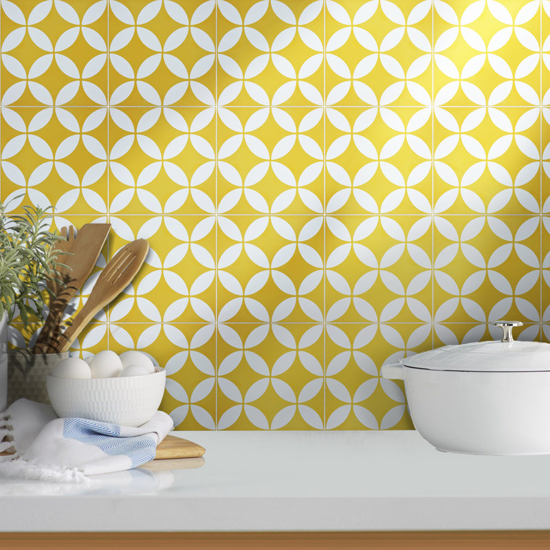 Amlo 8" x 8" Cement Patterned Wall & Floor Tile, Yellow/White