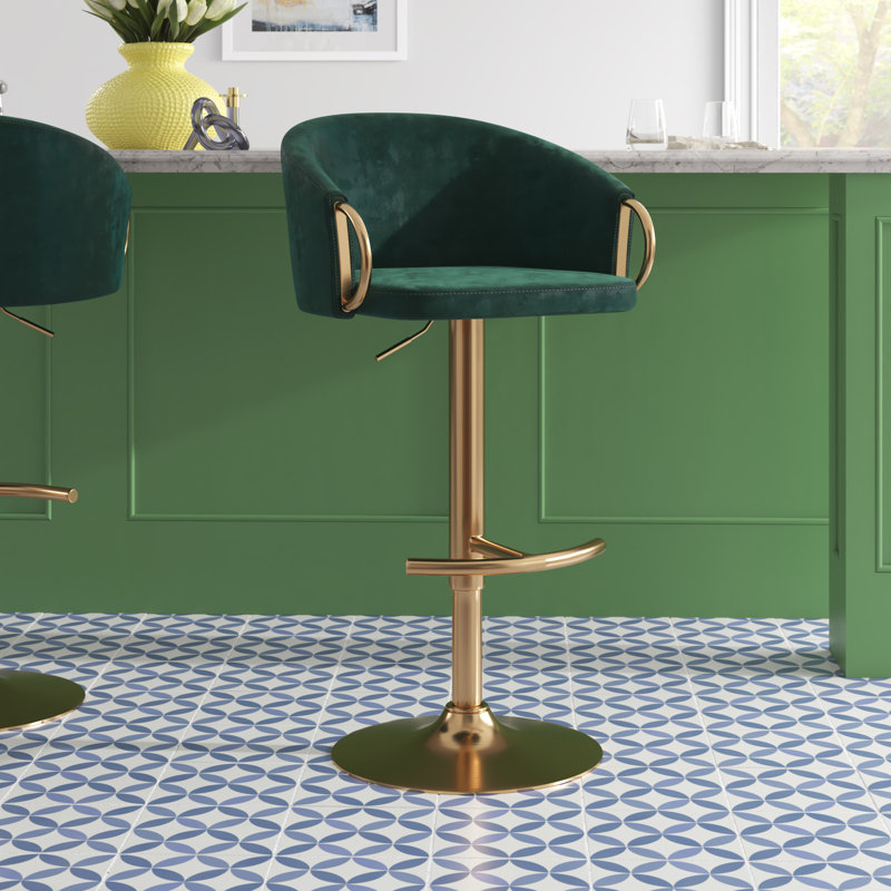 Josie Adjustable Bar Stools with Rounded T Footrest, Green Seat/Gold Frame
