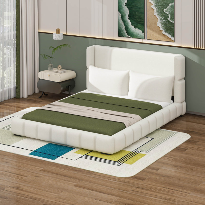 Lit plateforme tapissier avec 2 coussins, Blanc, Grand lit
