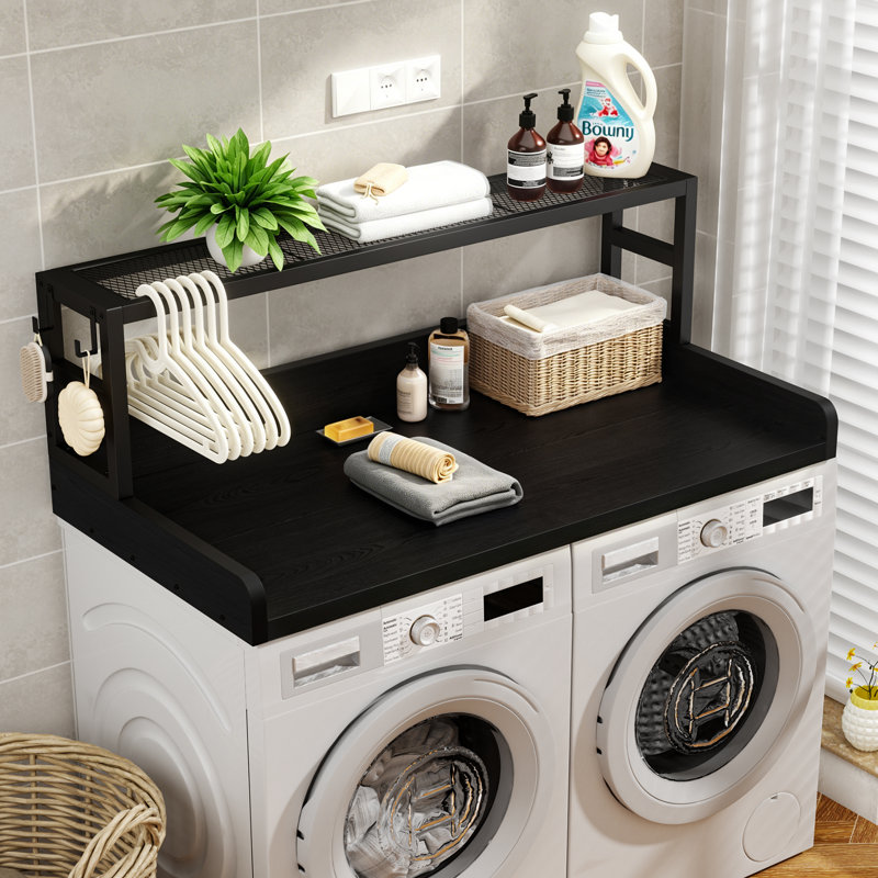 Washer Dryer Countertop With Shelf, 2-Tier Laundry Room Wood Topper With Edge, Satin Black