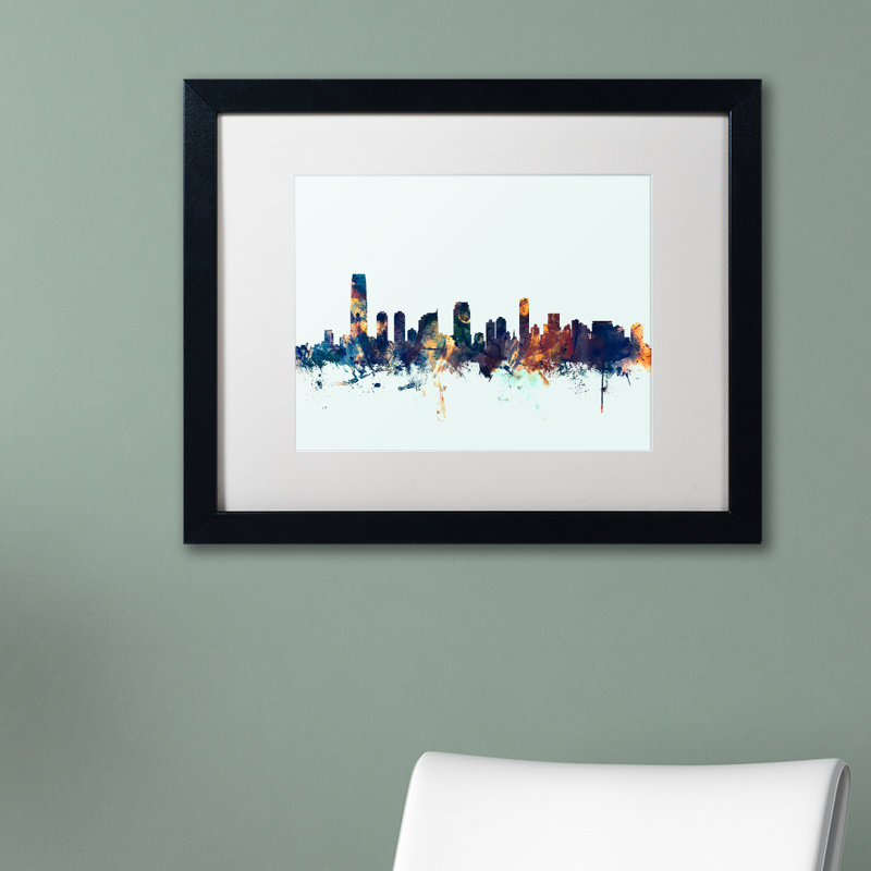 «Jersey City NJ Skyline Blue», impression encadrée, H 16 po x l 20 po x P 0,5 po, Blanc, Cadre noir