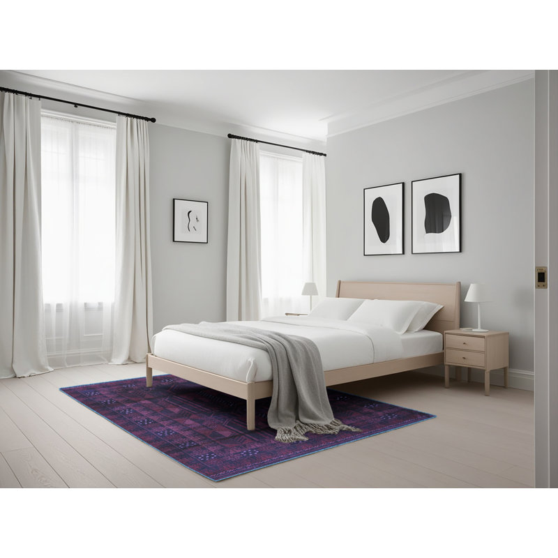 Tapis oriental en laine / polyester tissé à la machine en bleu / mauve, Rectangle 5 pi x 7 pi