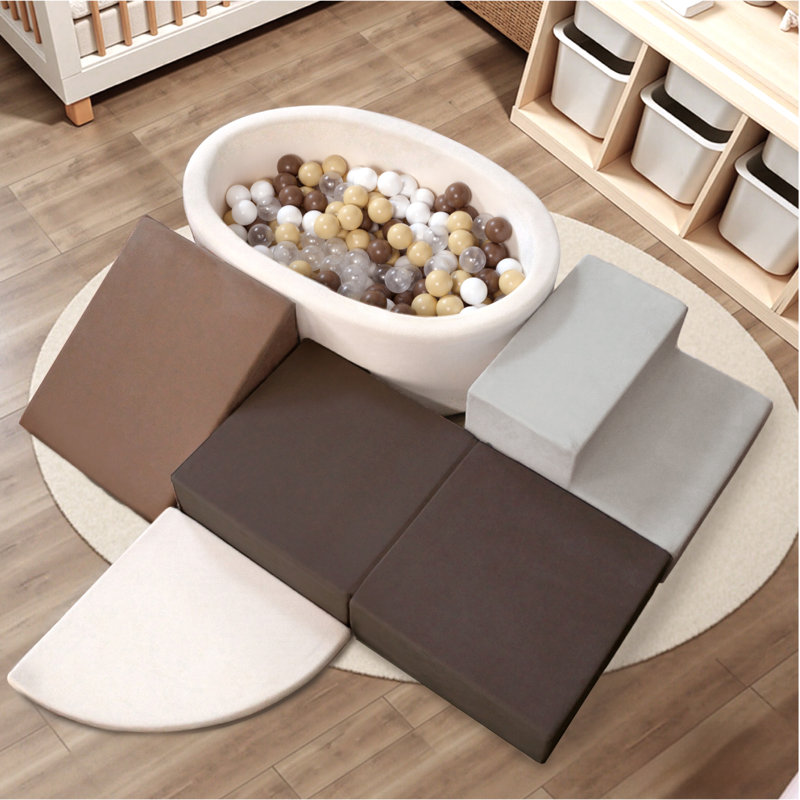 SoftPark 6Pcs Foam Climber with Ball Pit, Soft Play, Foam Climbing Blocks for Toddlers, Brown/Grey