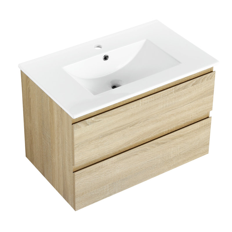 Meuble-lavabo mural 30 po avec lavabo en céramique, 2 tiroirs à fermeture en douceur, ensemble KD, Chêne clair