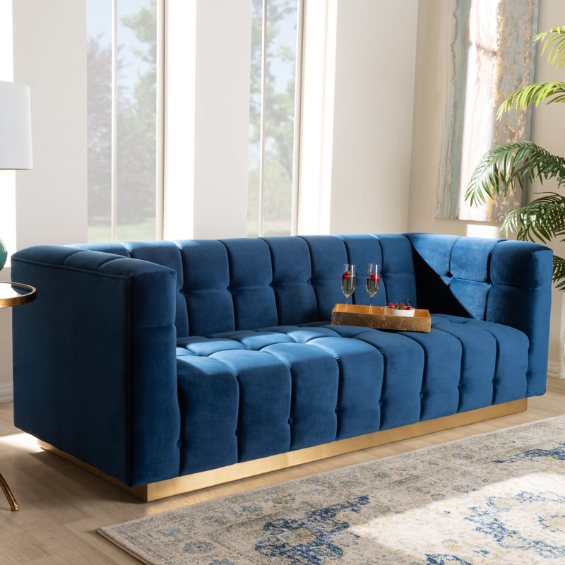 Canapé en velours à accoudoirs carrés de 83,5 po Kilauri, Bleu marine